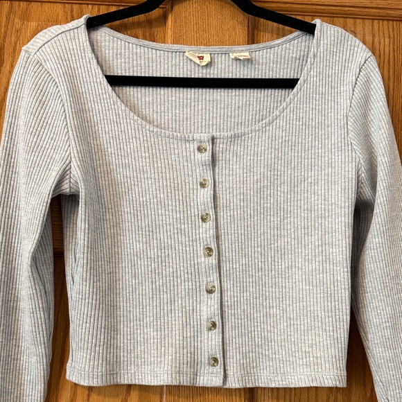 Gray Ribbed Button-Up Women's Top - Picture 2 of 3